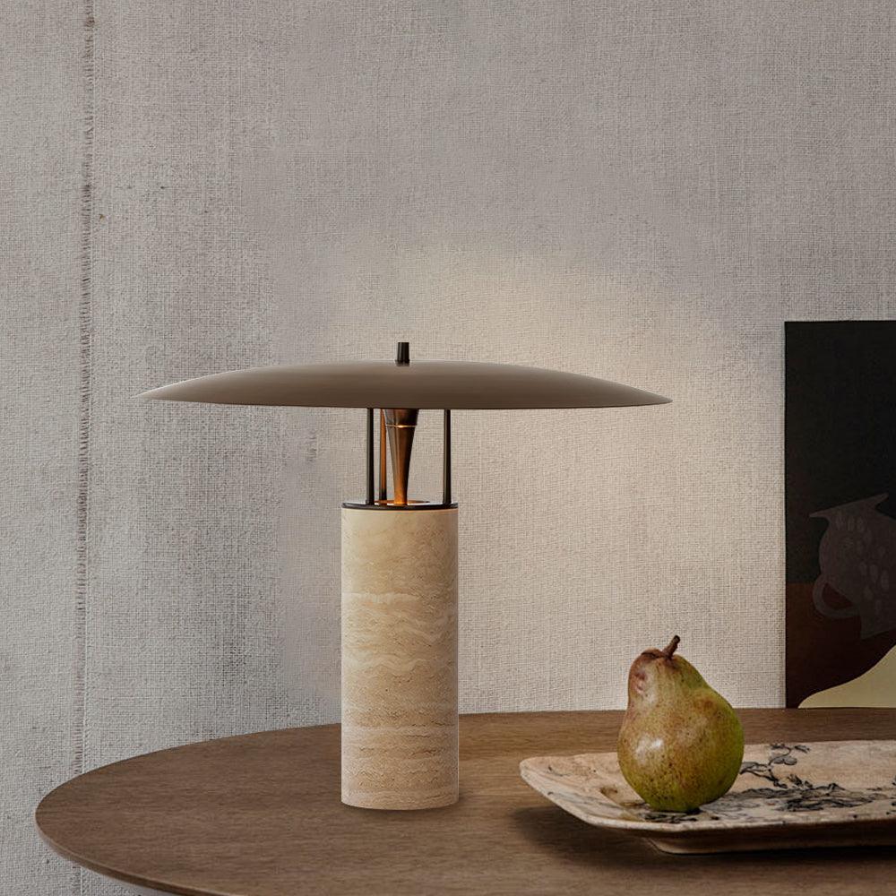 Luna Modern Table Lamp – Travertine and Metal LED Lamp with Black Shade