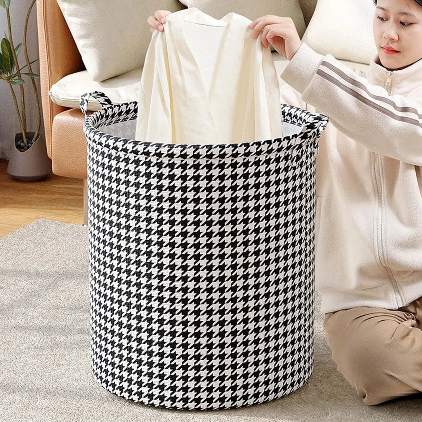 Houndstooth Laundry Basket With Handles Foldable Organizer