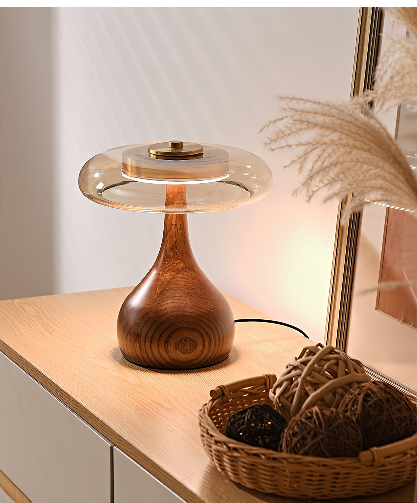 Walnut Sienna Table Lamp Amber Glass LED Accent Light
