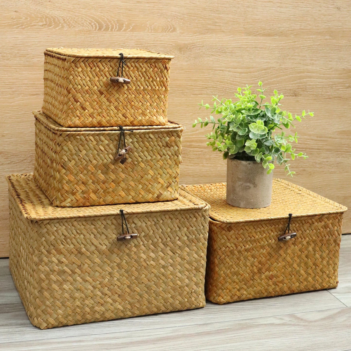 Wicker Storage Baskets Set of 4 with Lids - Decorative Organizers for Shelves