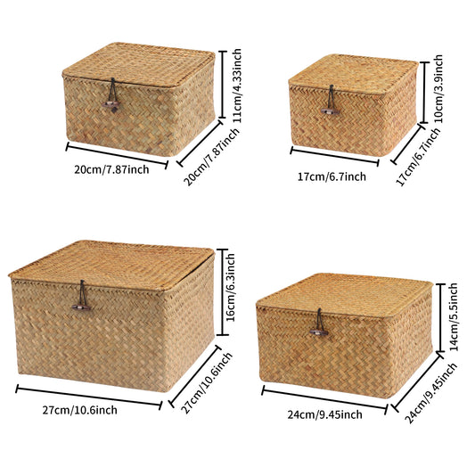 Wicker Storage Baskets Set of 4 with Lids - Decorative Organizers for Shelves