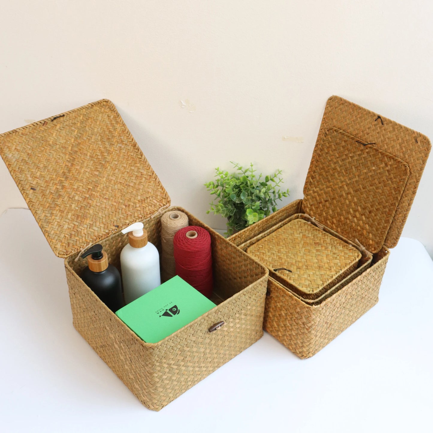 Wicker Storage Baskets Set of 4 with Lids - Decorative Organizers for Shelves
