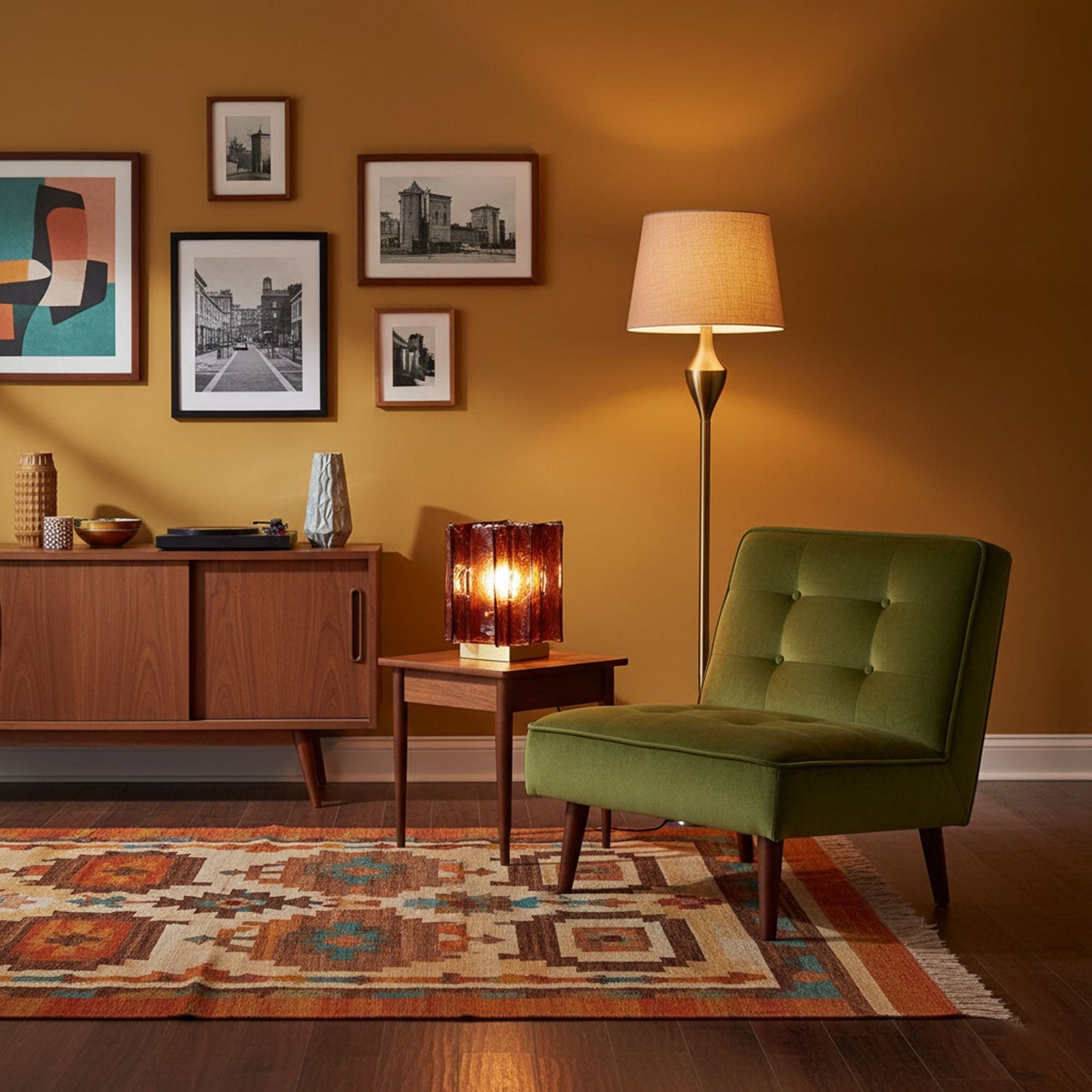 Retro Brass Design with Warm Amber Glass Ambient Light Lamp