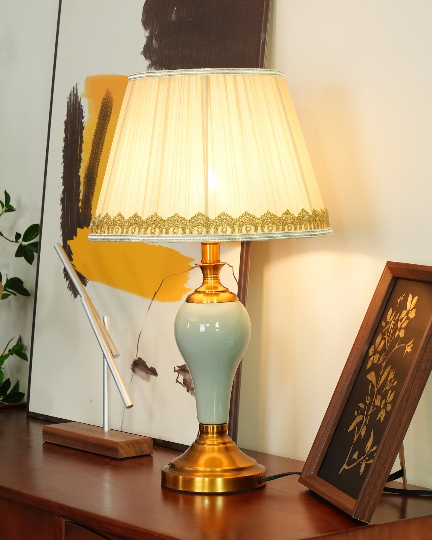 Chaslyn Table Lamp Blue Brass Ceramic LED Desk Lamp Bedroom Study Lighting