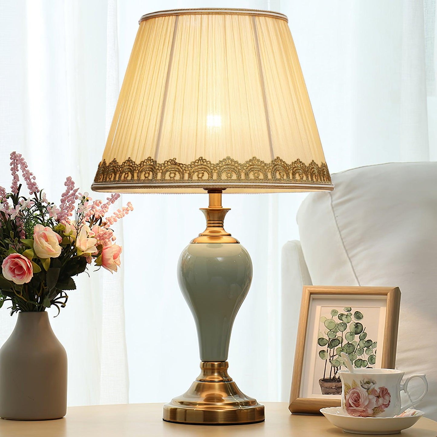 Chaslyn Table Lamp Blue Brass Ceramic LED Desk Lamp Bedroom Study Lighting