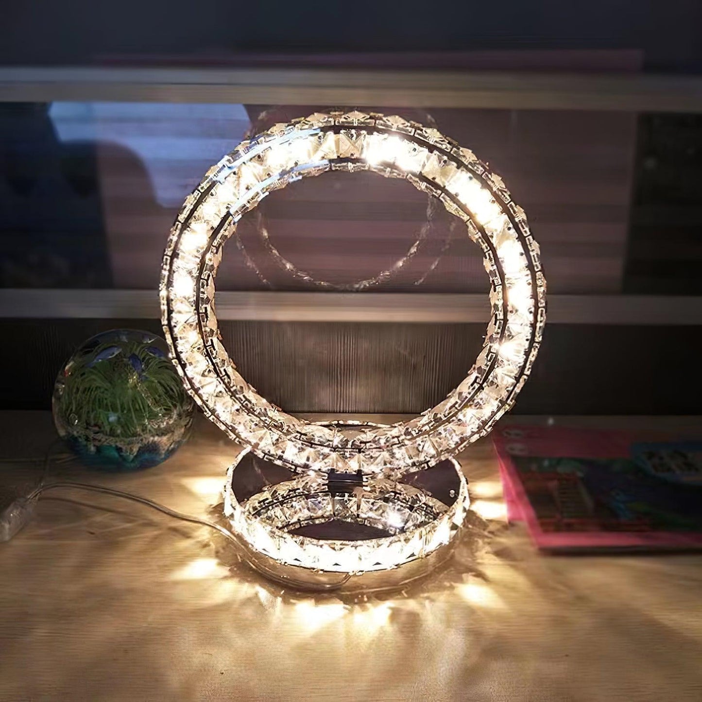 Modern Crystal Rings Table Lamp LED Chrome Indoor Desk Lighting