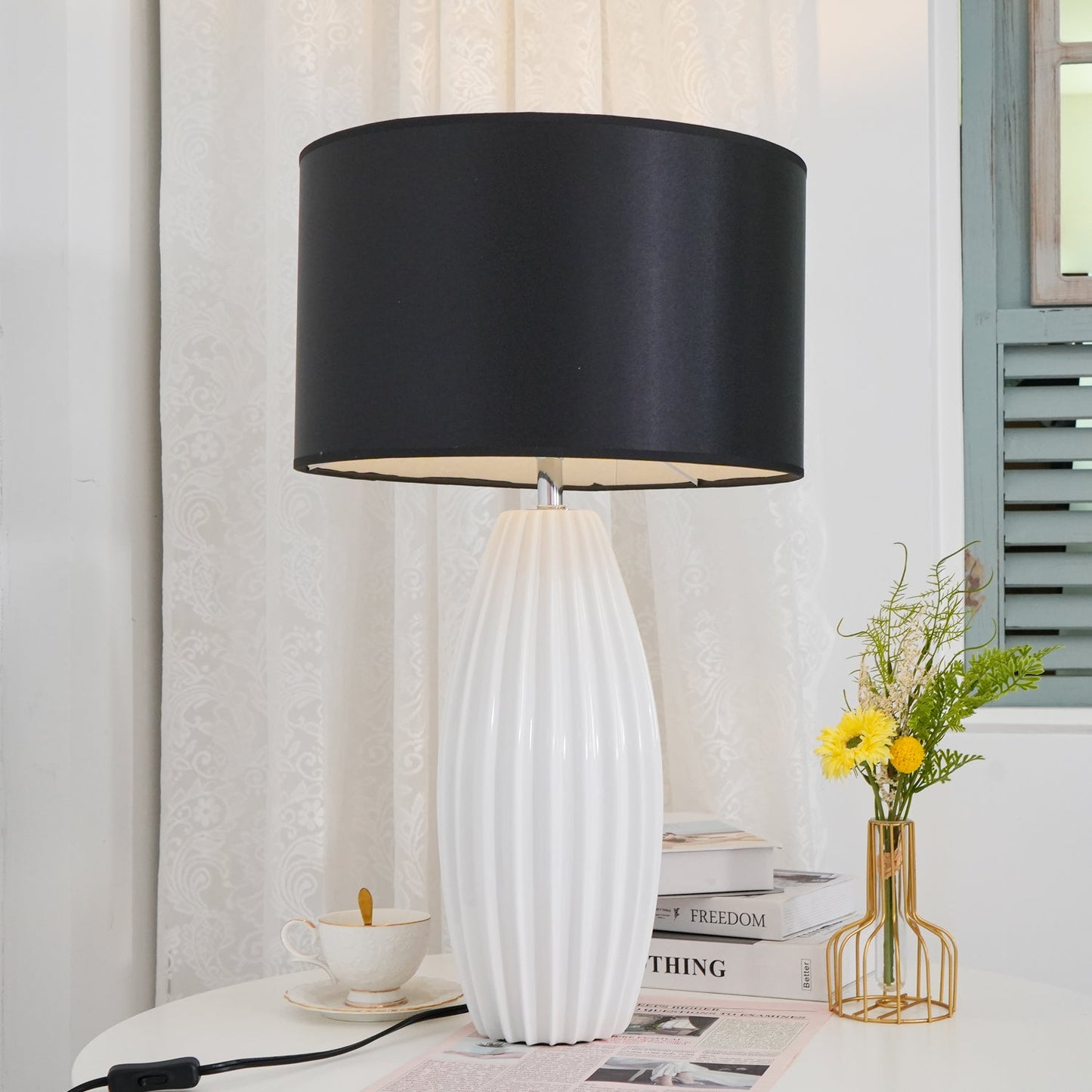Luxury Ceramic Table Lamp – Galileo Fluted Lamp with Linen Shade & Brass Accents
