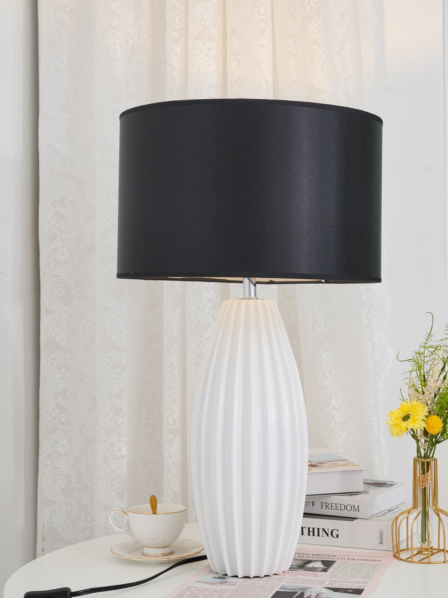 Luxury Ceramic Table Lamp – Galileo Fluted Lamp with Linen Shade & Brass Accents
