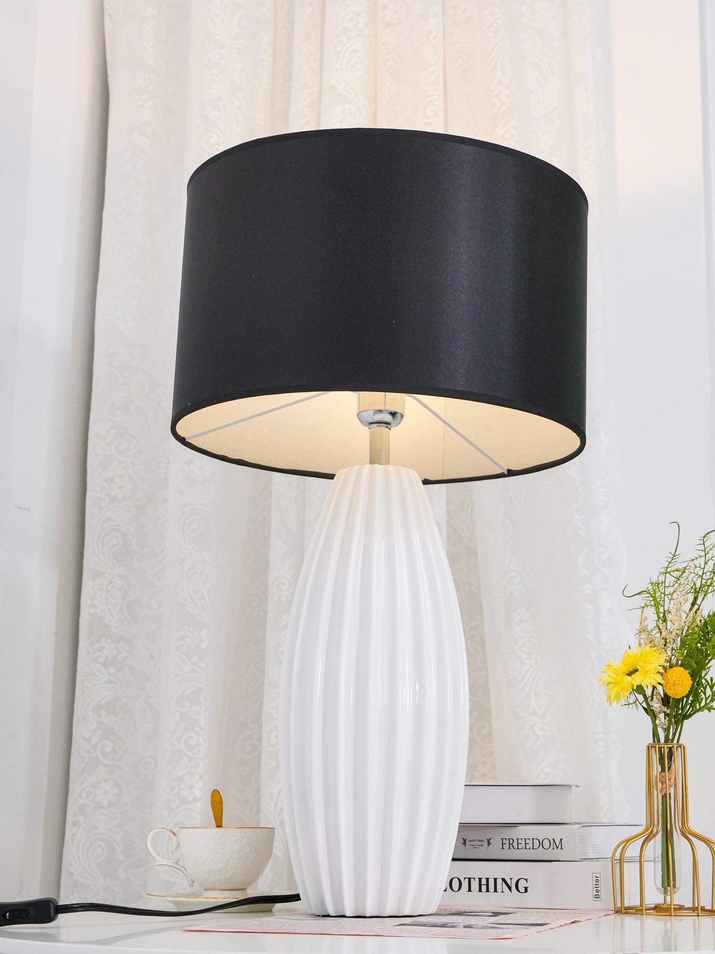 Luxury Ceramic Table Lamp – Galileo Fluted Lamp with Linen Shade & Brass Accents
