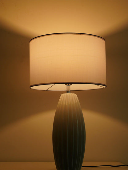 Luxury Ceramic Table Lamp – Galileo Fluted Lamp with Linen Shade & Brass Accents