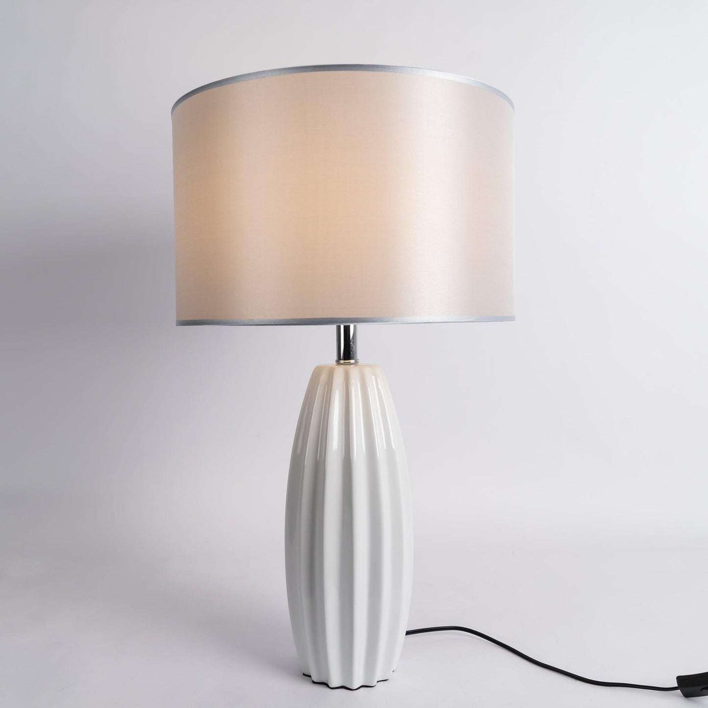 Luxury Ceramic Table Lamp – Galileo Fluted Lamp with Linen Shade & Brass Accents