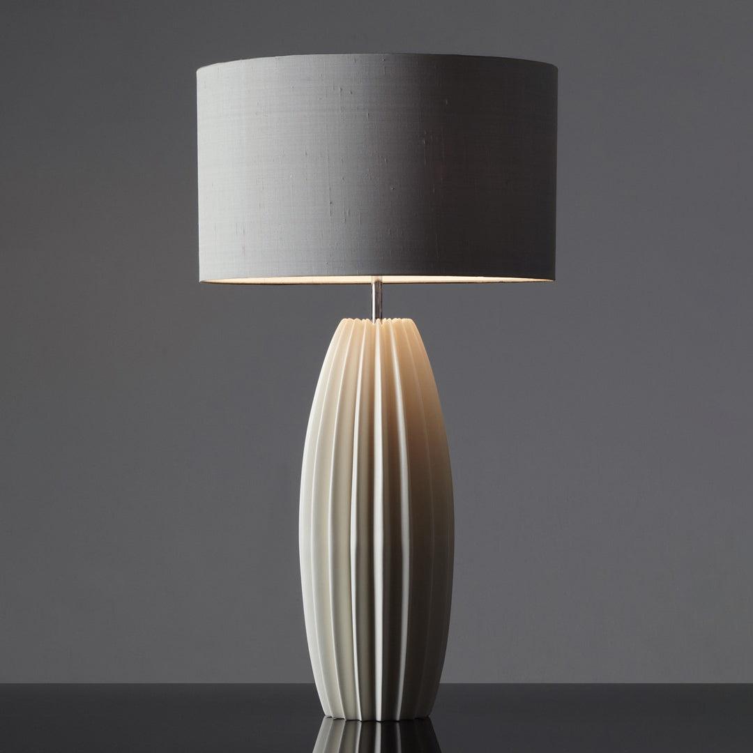 Luxury Ceramic Table Lamp – Galileo Fluted Lamp with Linen Shade & Brass Accents