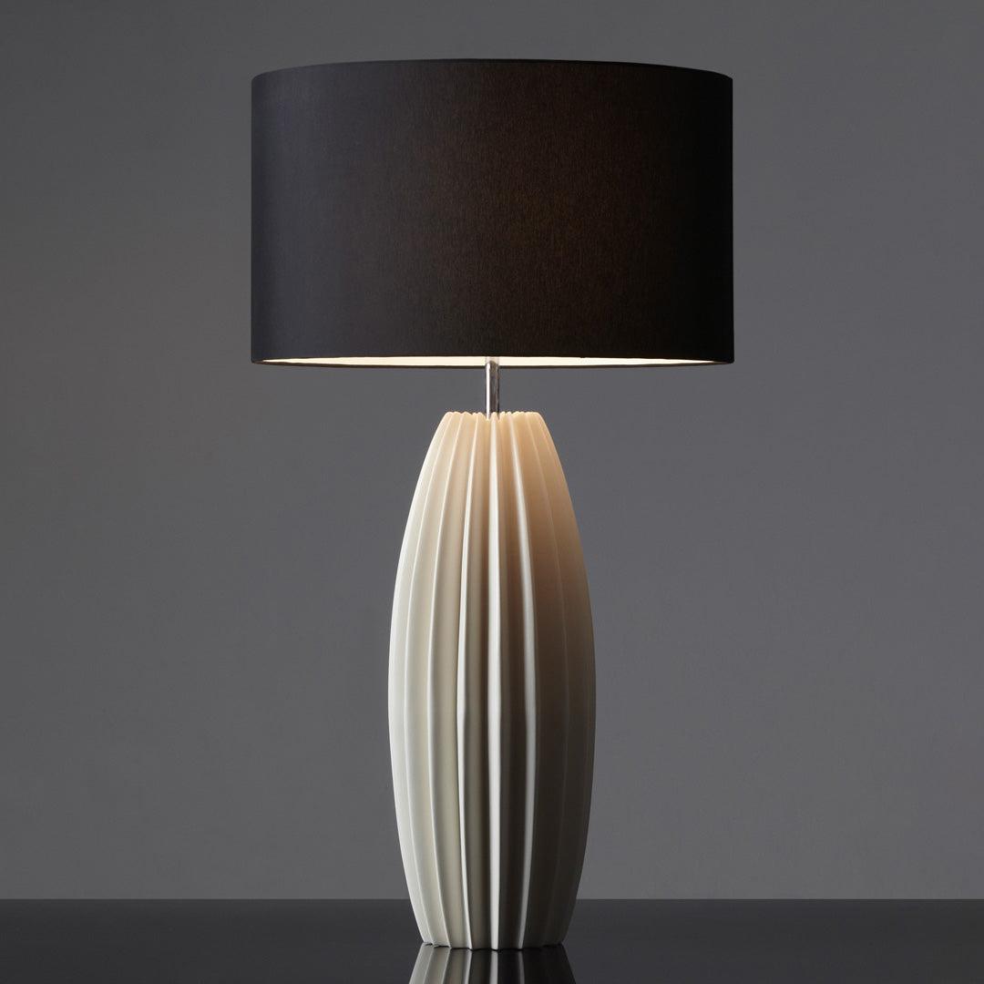 Luxury Ceramic Table Lamp – Galileo Fluted Lamp with Linen Shade & Brass Accents