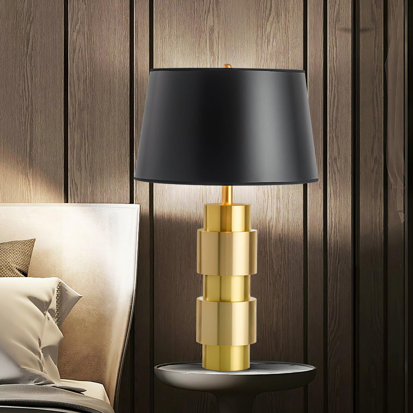 Jean Cylinder Table Lamp Gold Black Linen LED Desk Lighting
