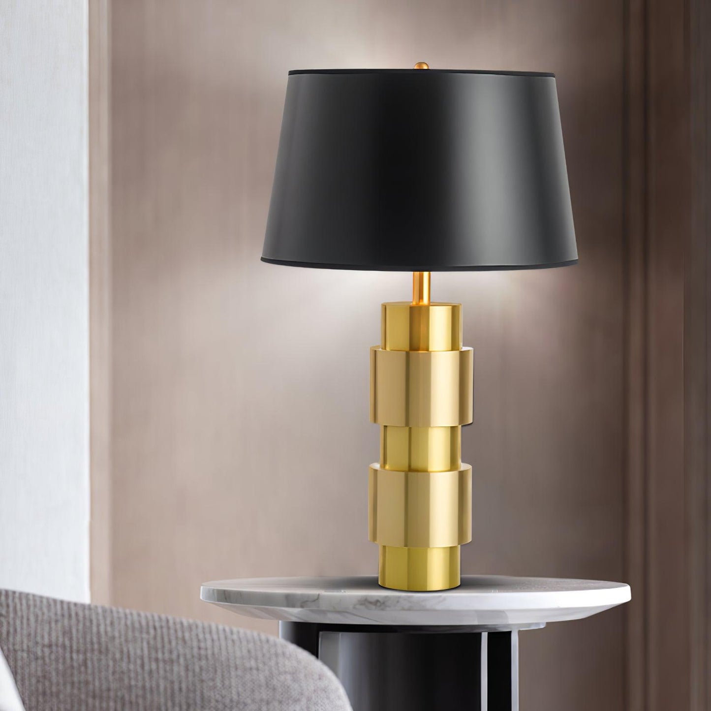 Jean Cylinder Table Lamp Gold Black Linen LED Desk Lighting