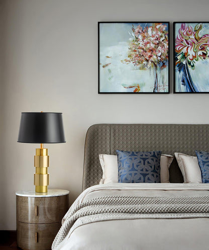 Jean Cylinder Table Lamp Gold Black Linen LED Desk Lighting