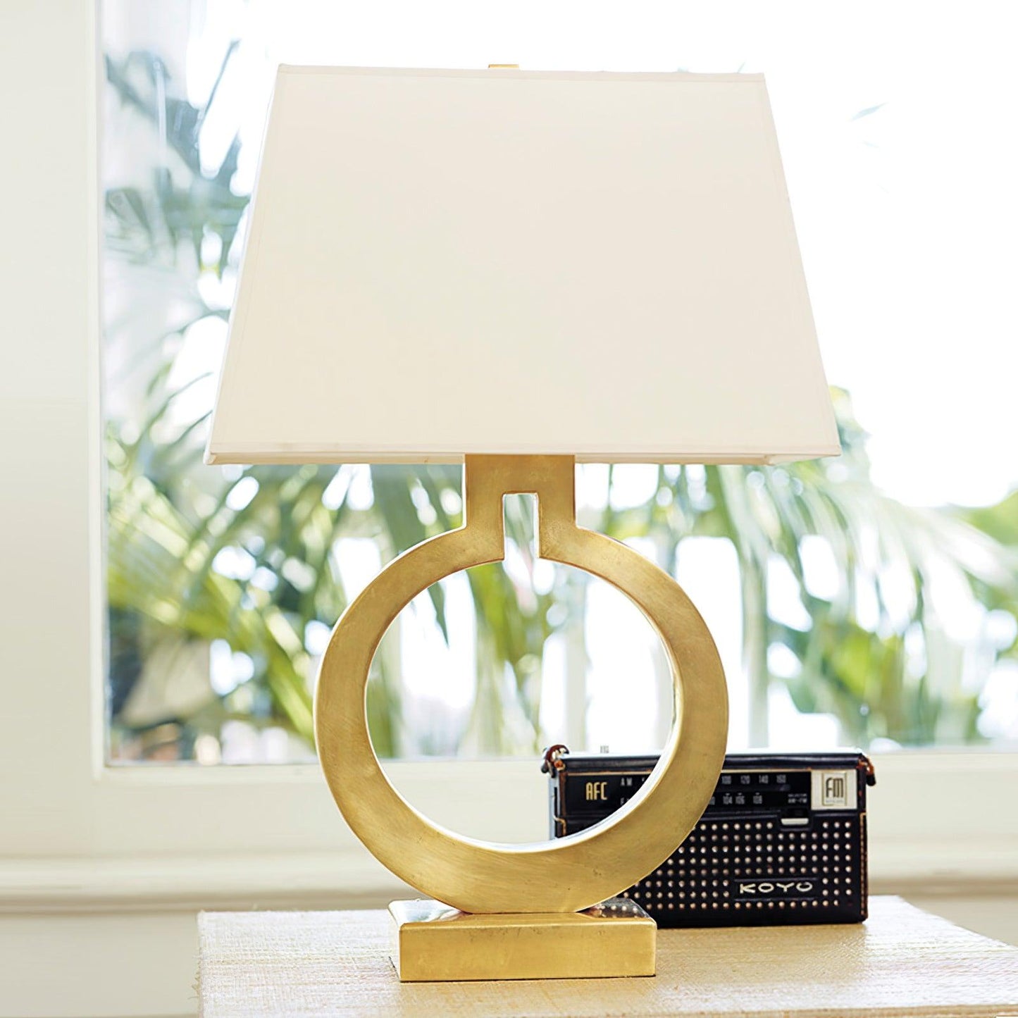 Keyhole Ring Table Lamp Gold White Fabric LED Desk Lighting