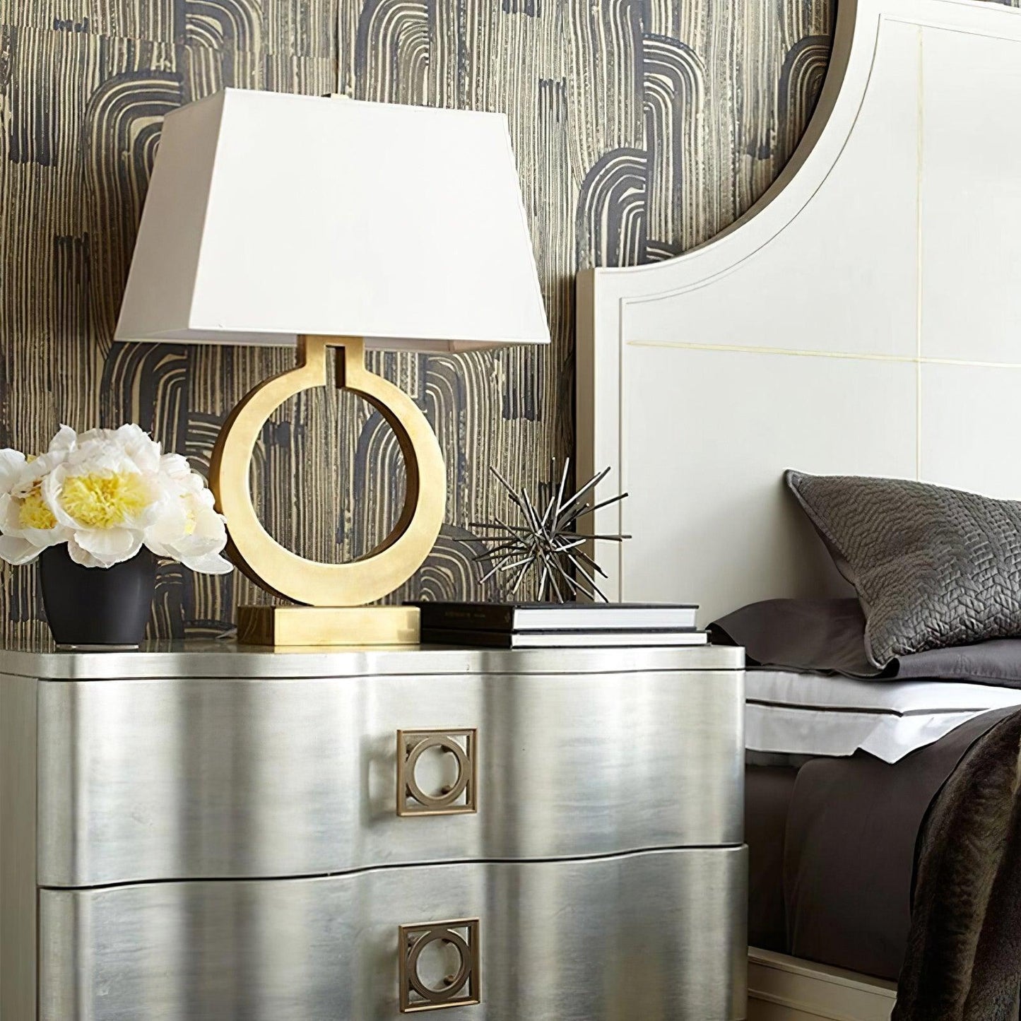 Keyhole Ring Table Lamp Gold White Fabric LED Desk Lighting