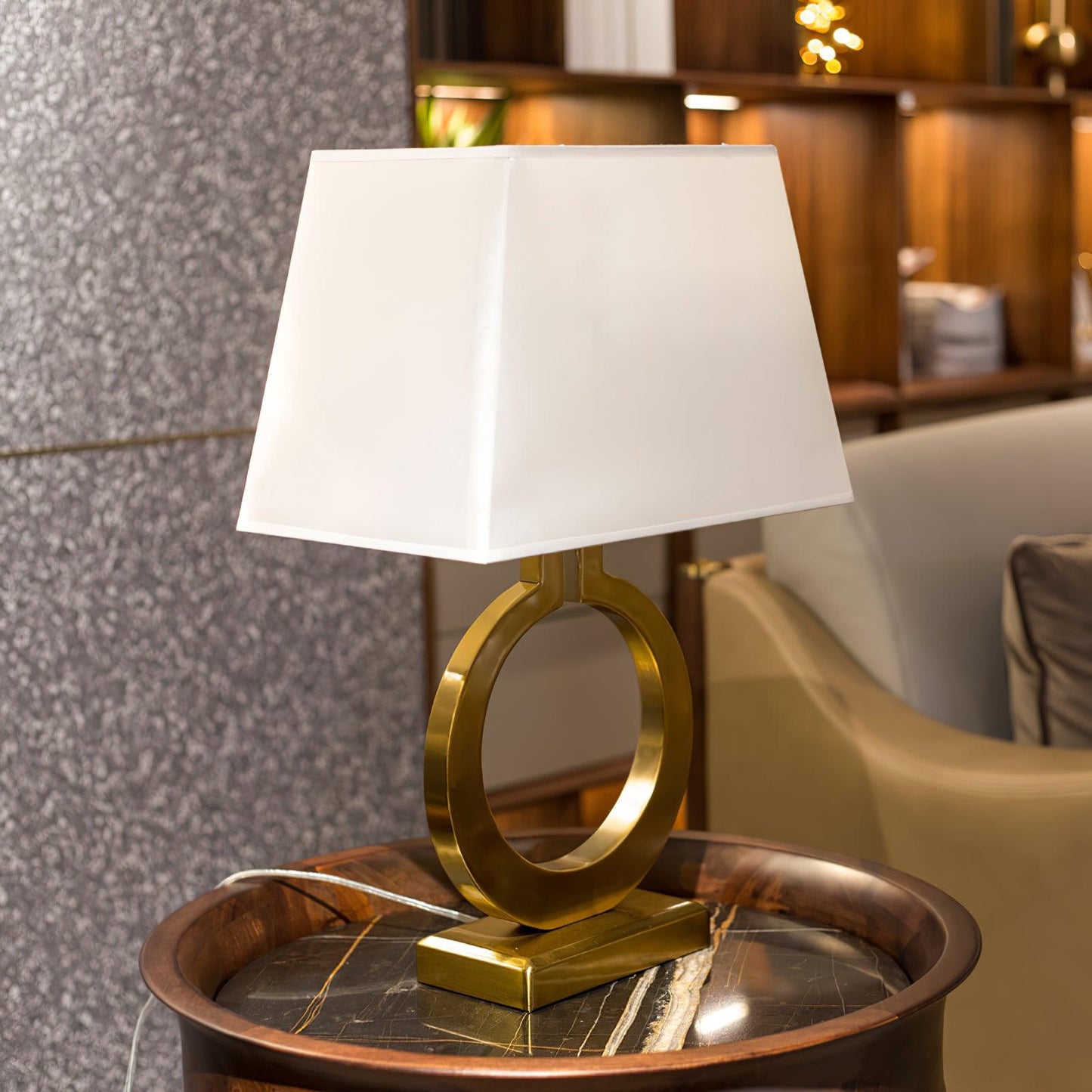 Keyhole Ring Table Lamp Gold White Fabric LED Desk Lighting