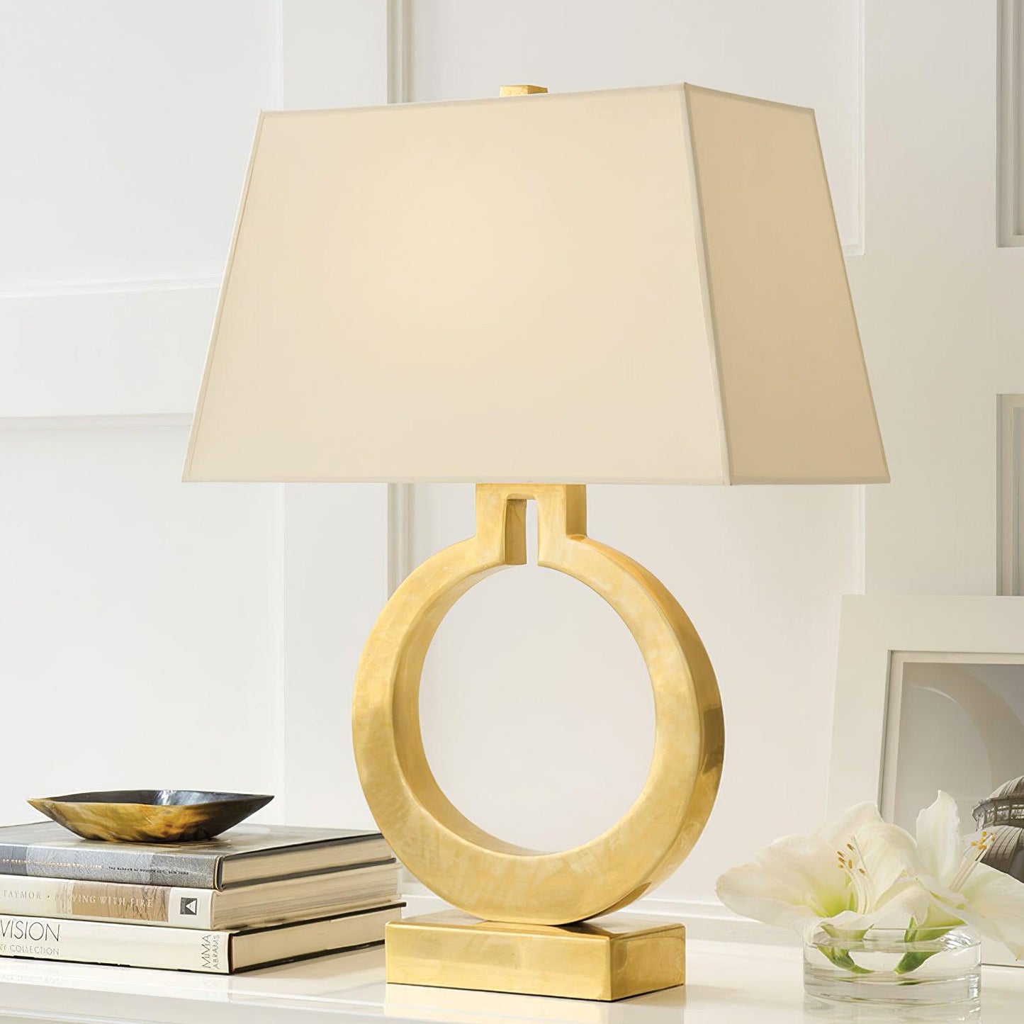 Keyhole Ring Table Lamp Gold White Fabric LED Desk Lighting