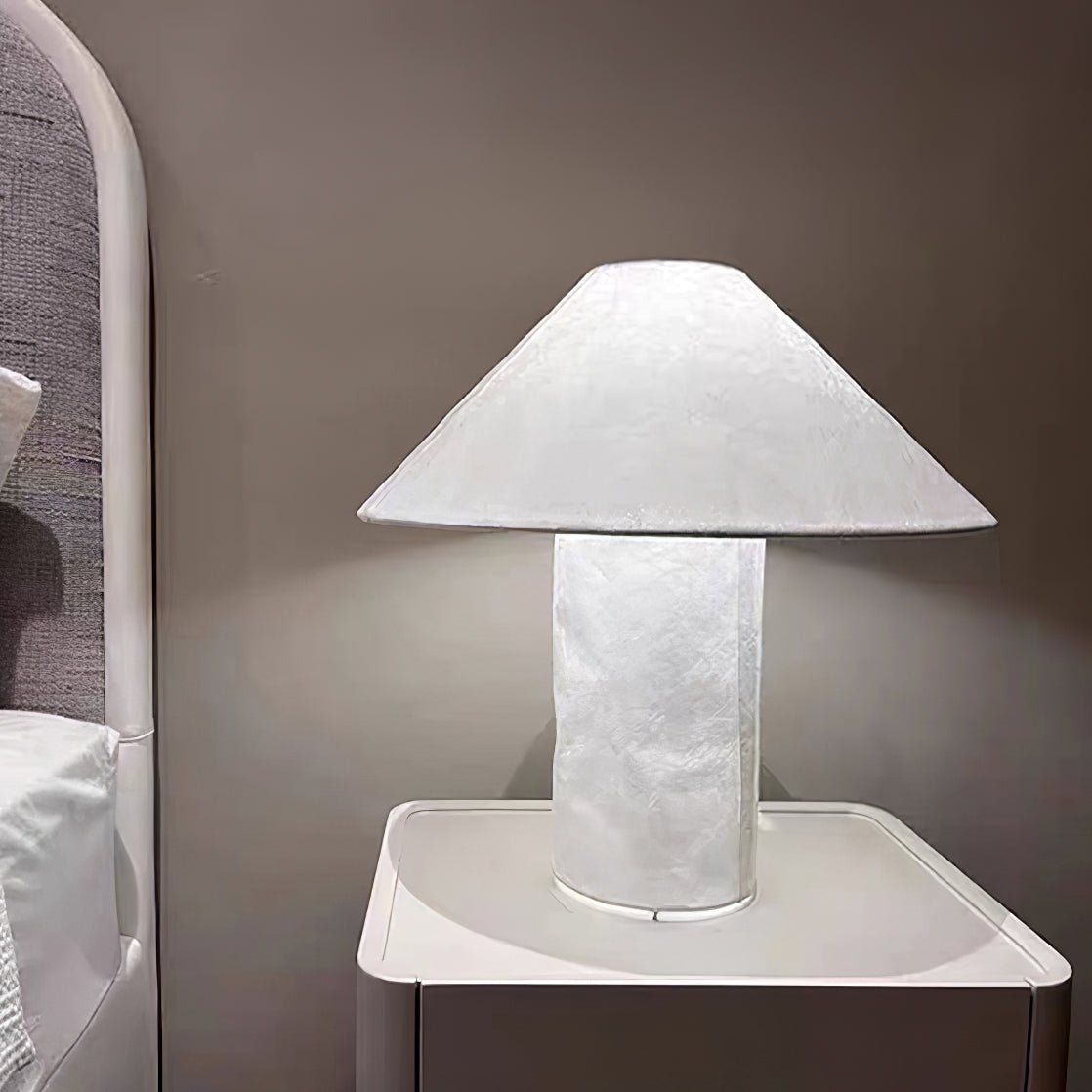 Sculptural Crinkle Paper Table Lamp – White Metal Base with Wide Shade