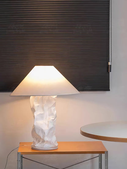Sculptural Crinkle Paper Table Lamp – White Metal Base with Wide Shade