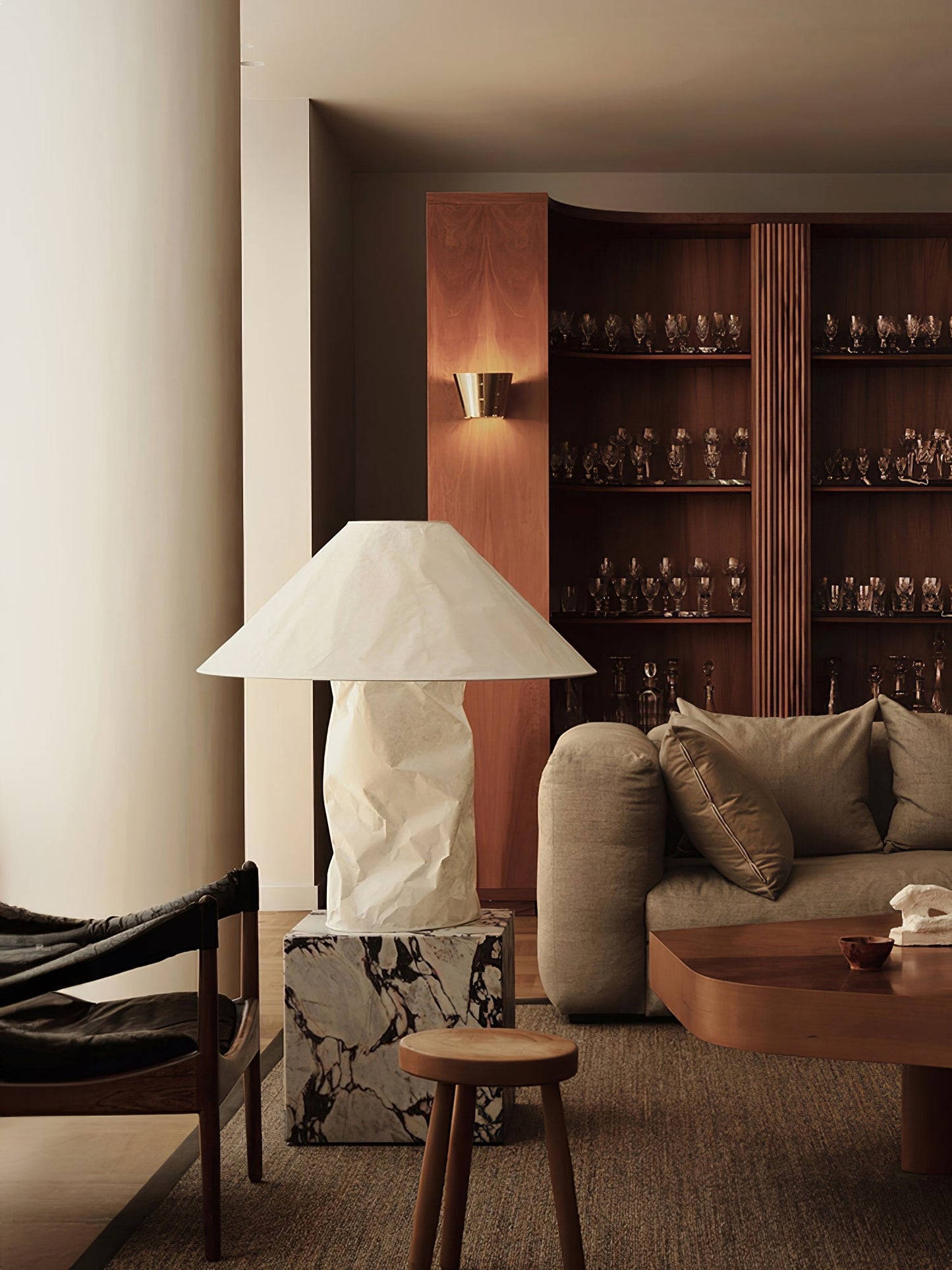 Sculptural Crinkle Paper Table Lamp – White Metal Base with Wide Shade