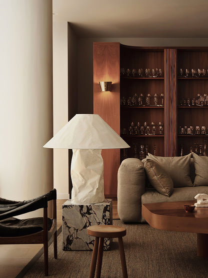 Sculptural Crinkle Paper Table Lamp – White Metal Base with Wide Shade