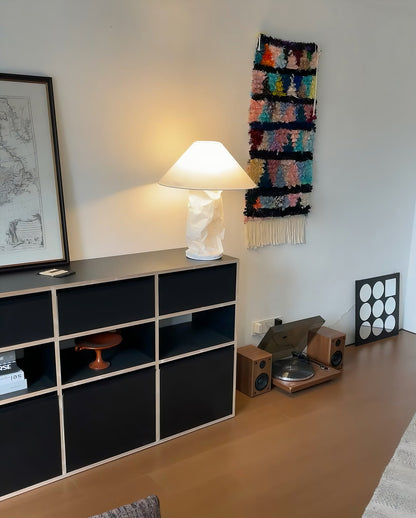 Sculptural Crinkle Paper Table Lamp – White Metal Base with Wide Shade