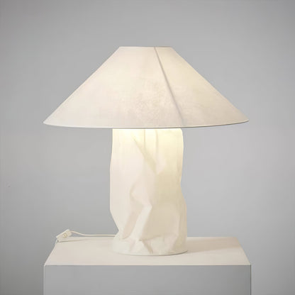 Sculptural Crinkle Paper Table Lamp – White Metal Base with Wide Shade