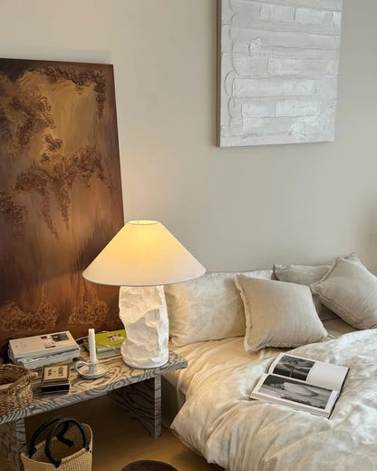 Sculptural Crinkle Paper Table Lamp – White Metal Base with Wide Shade