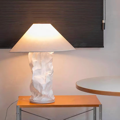 Sculptural Crinkle Paper Table Lamp – White Metal Base with Wide Shade