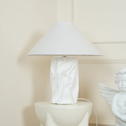 Sculptural Crinkle Paper Table Lamp – White Metal Base with Wide Shade