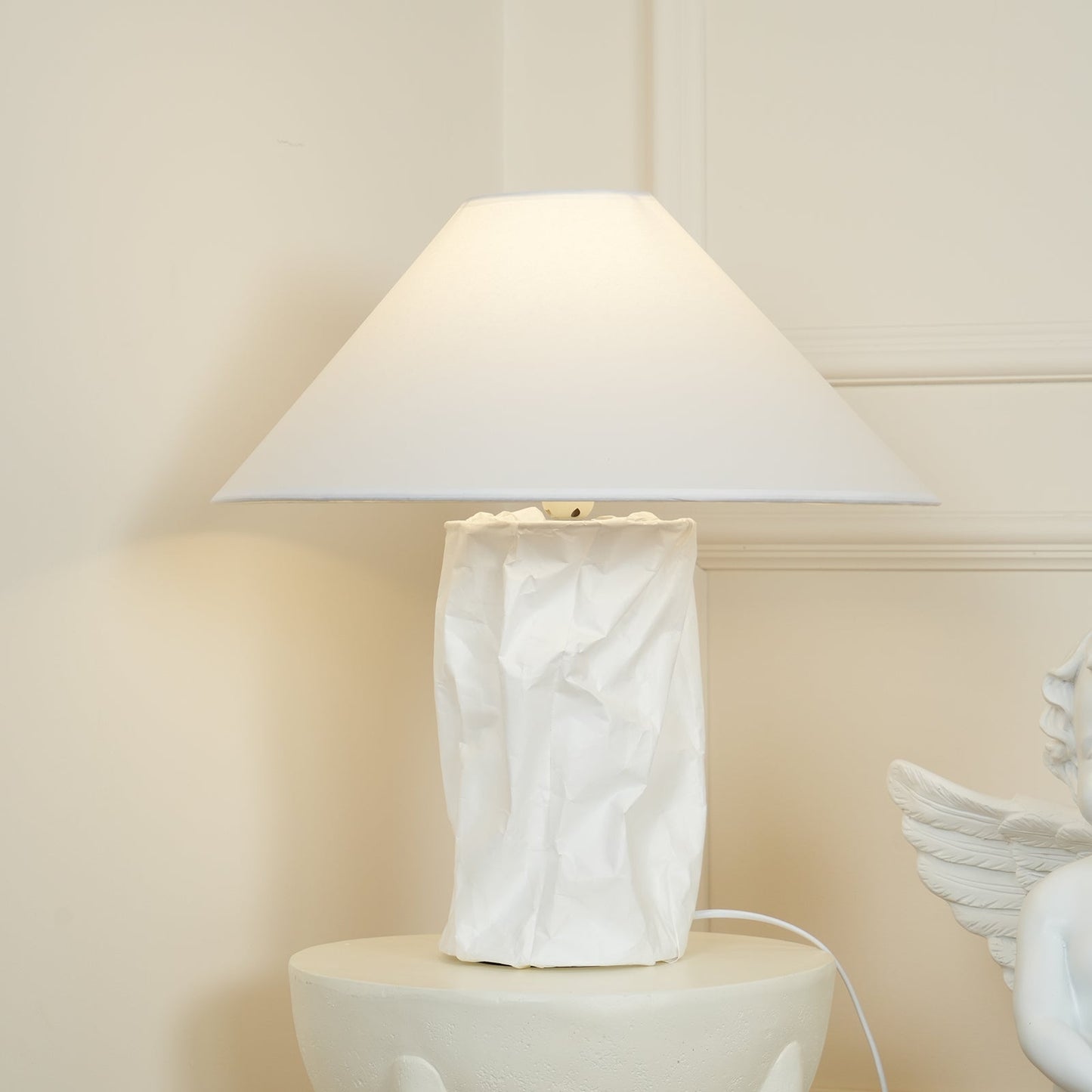 Sculptural Crinkle Paper Table Lamp – White Metal Base with Wide Shade
