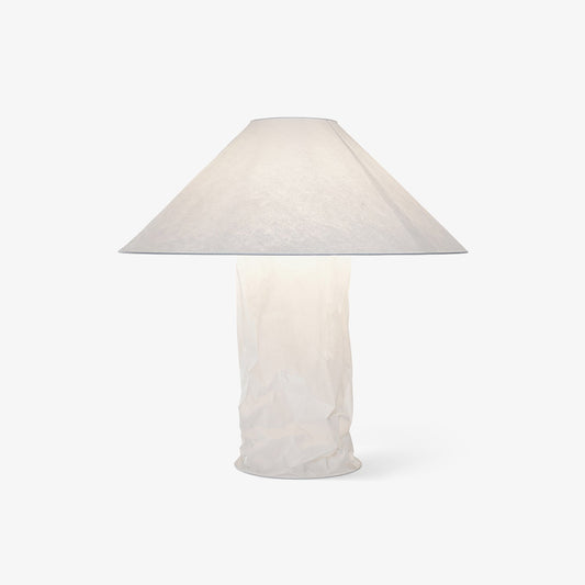 Sculptural Crinkle Paper Table Lamp – White Metal Base with Wide Shade