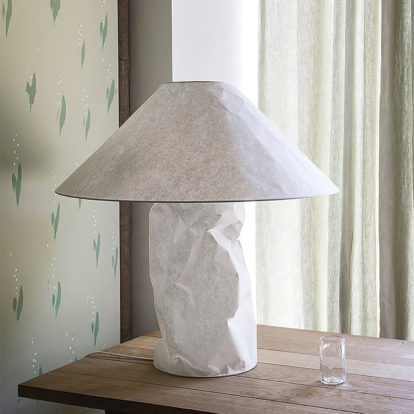 Sculptural Crinkle Paper Table Lamp – White Metal Base with Wide Shade