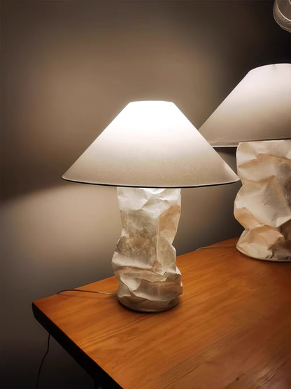 Sculptural Crinkle Paper Table Lamp – White Metal Base with Wide Shade