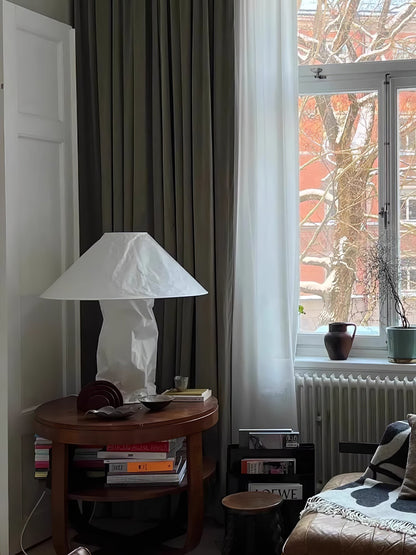 Sculptural Crinkle Paper Table Lamp – White Metal Base with Wide Shade