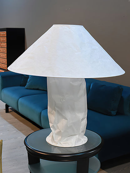 Sculptural Crinkle Paper Table Lamp – White Metal Base with Wide Shade