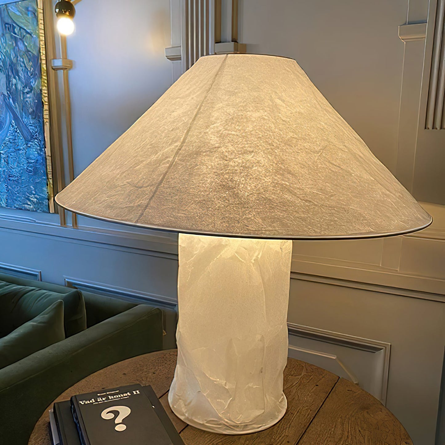 Sculptural Crinkle Paper Table Lamp – White Metal Base with Wide Shade