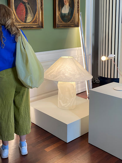 Sculptural Crinkle Paper Table Lamp – White Metal Base with Wide Shade