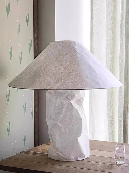 Sculptural Crinkle Paper Table Lamp – White Metal Base with Wide Shade