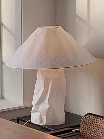 Sculptural Crinkle Paper Table Lamp – White Metal Base with Wide Shade