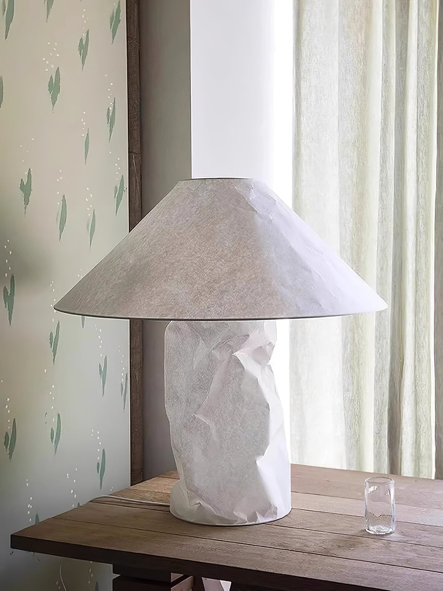 Sculptural Crinkle Paper Table Lamp – White Metal Base with Wide Shade