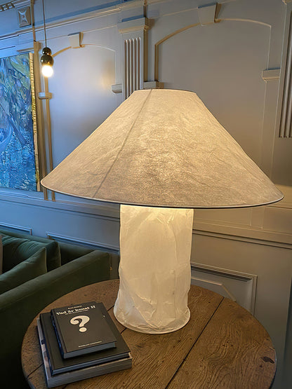 Sculptural Crinkle Paper Table Lamp – White Metal Base with Wide Shade