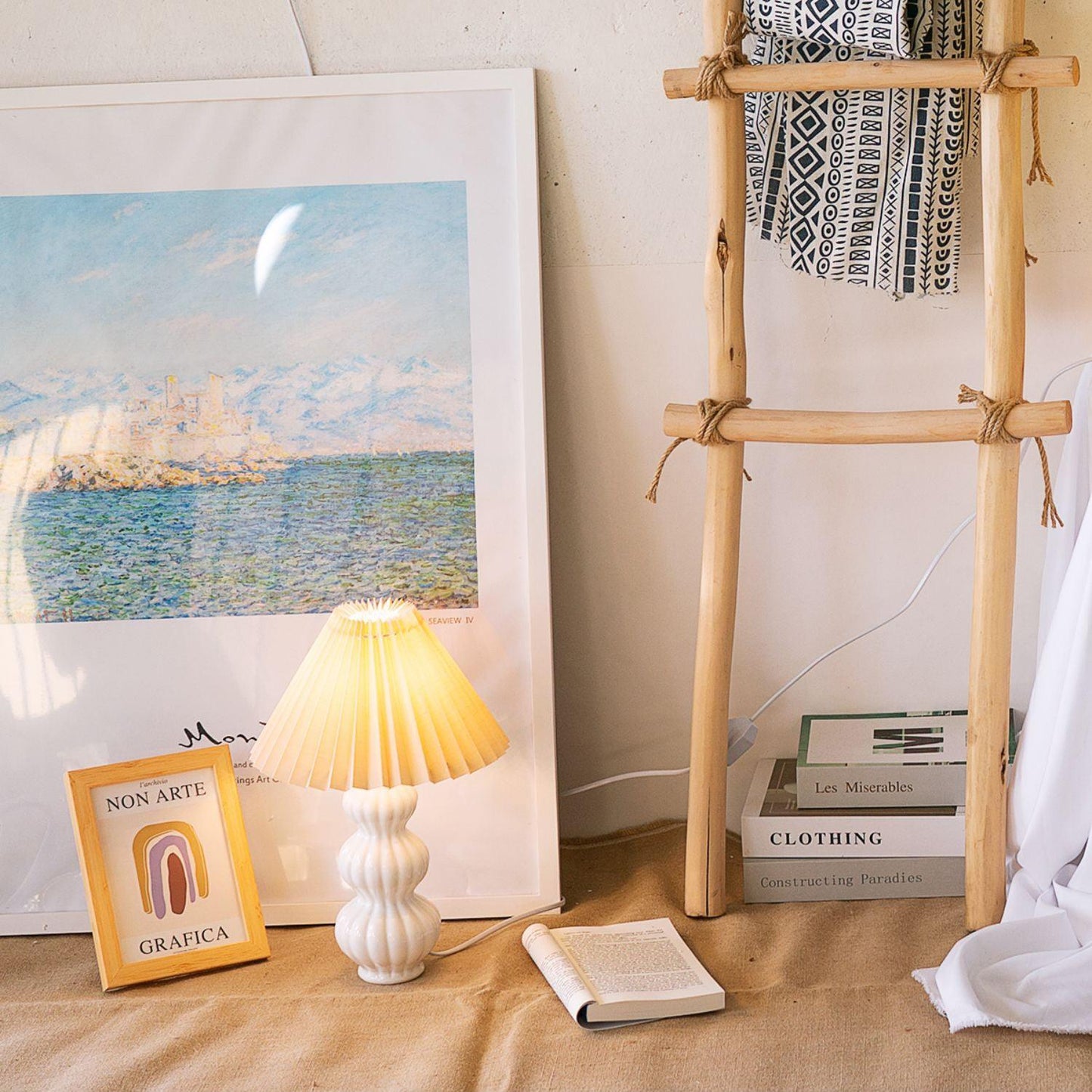 Leo Table Lamp Ribbed Ceramic White Linen LED Indoor Lighting