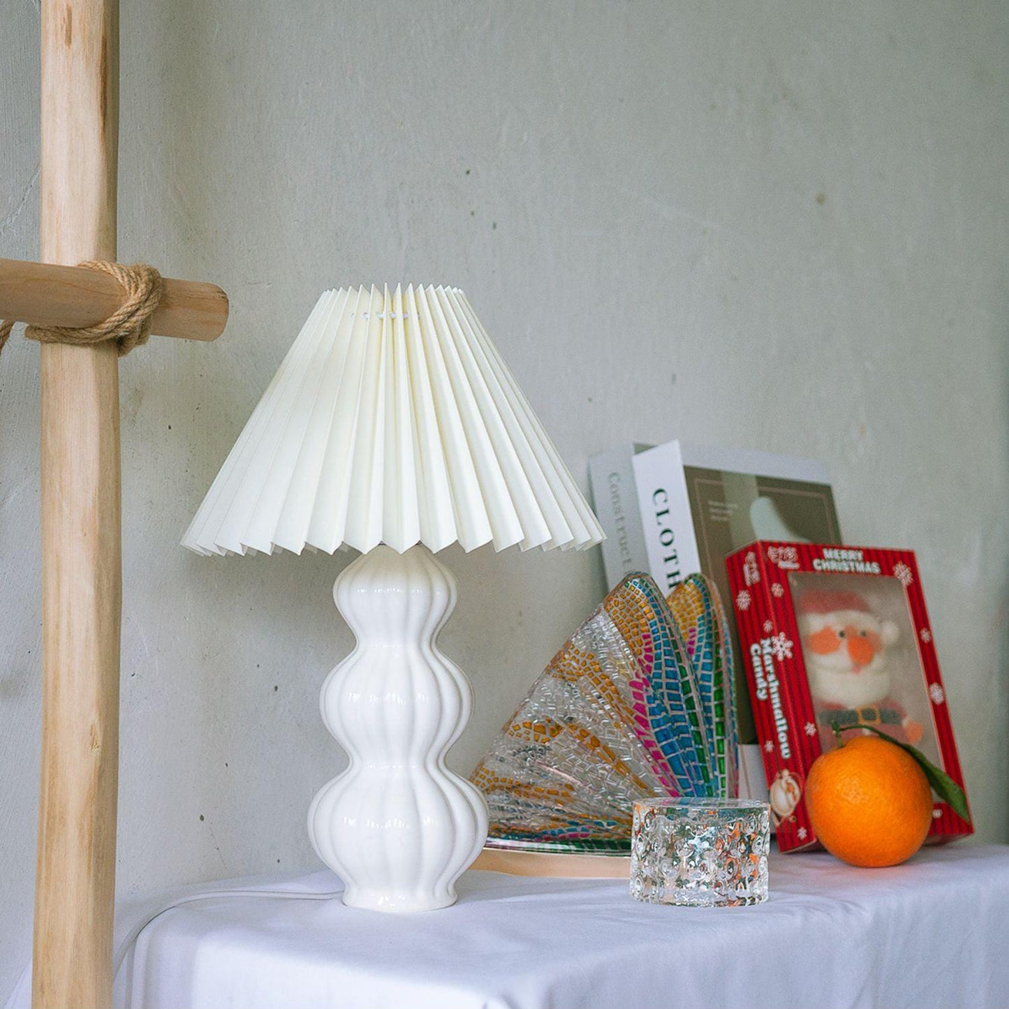 Leo Table Lamp Ribbed Ceramic White Linen LED Indoor Lighting