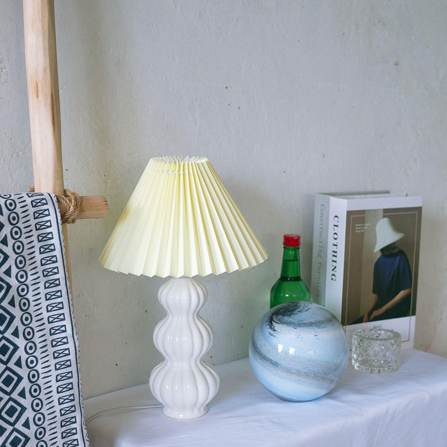 Leo Table Lamp Ribbed Ceramic White Linen LED Indoor Lighting