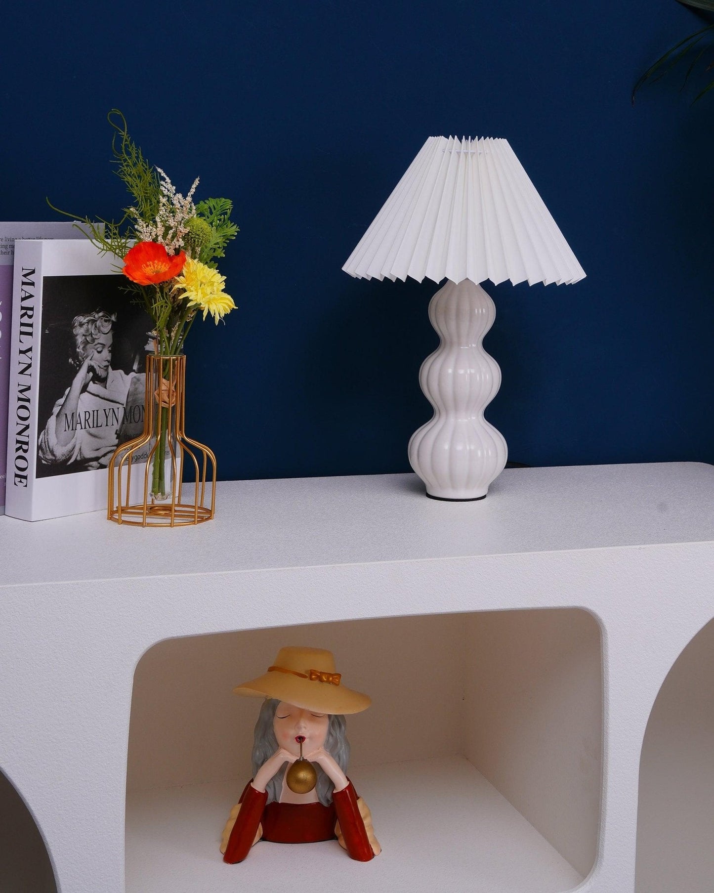 Leo Table Lamp Ribbed Ceramic White Linen LED Indoor Lighting