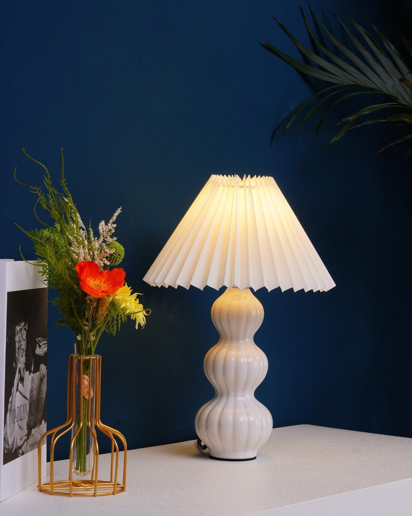 Leo Table Lamp Ribbed Ceramic White Linen LED Indoor Lighting
